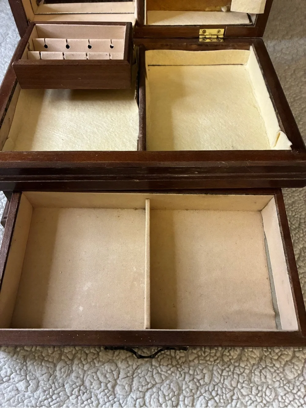 Vintage Style Burl Wood Jewelry Box Organizer Mirror Drawer Brass Hardware